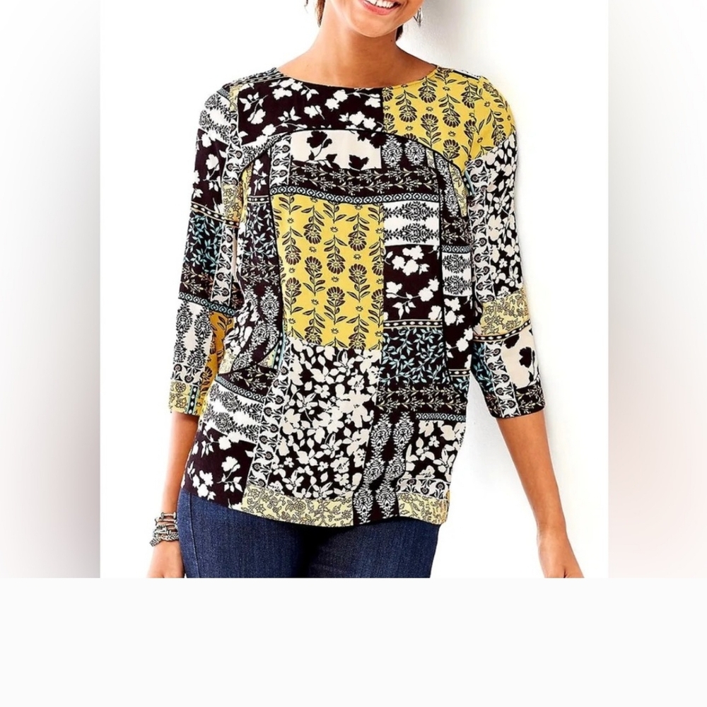 J. Jill Women's Multicolor Floral Rayon Boat Neck 3/4 Sleeve Blouse Small